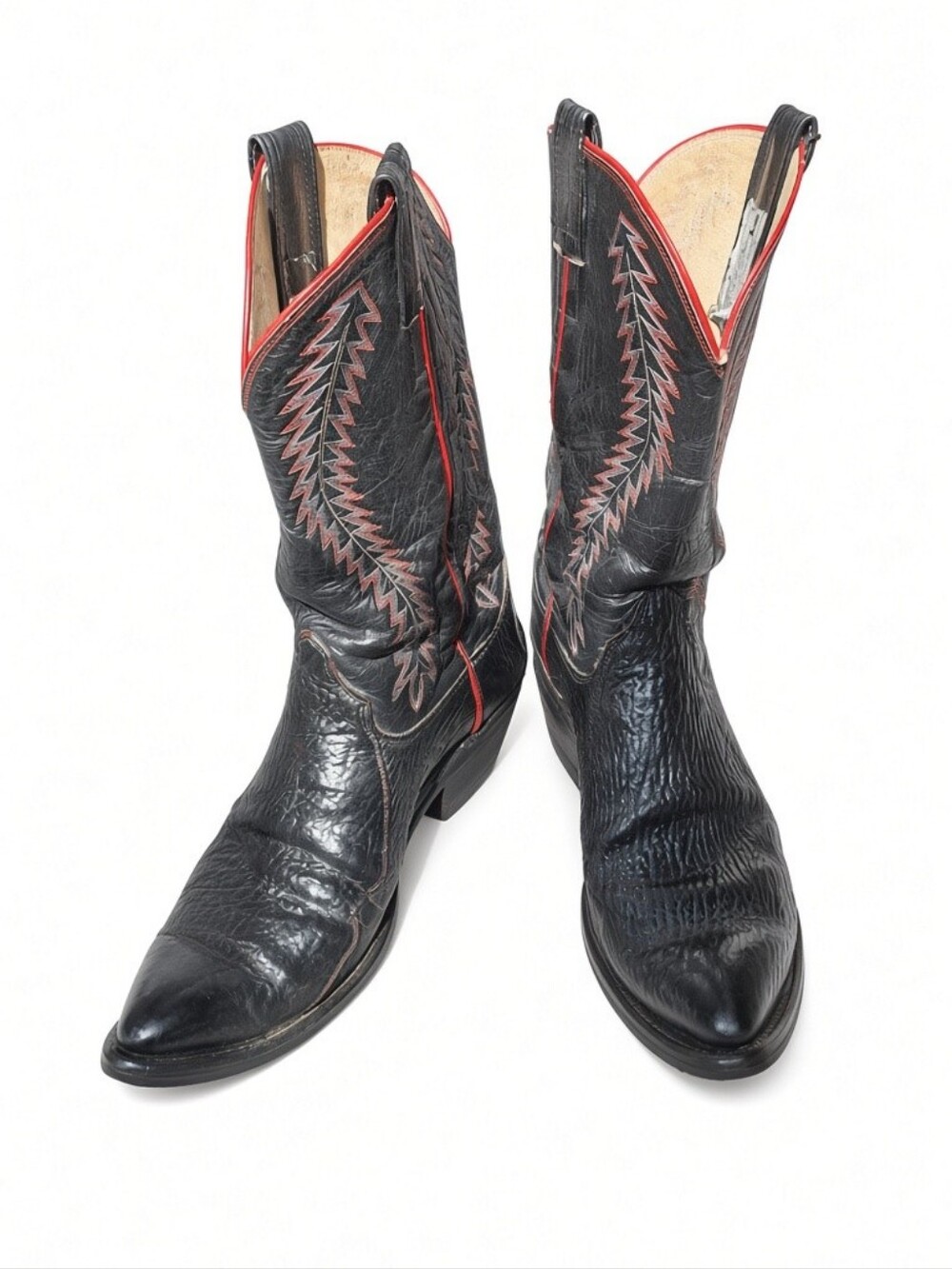 Olathe Black Sharkskin/Calf Cowboy Boots with Red Trim and Stitching, 9.5D